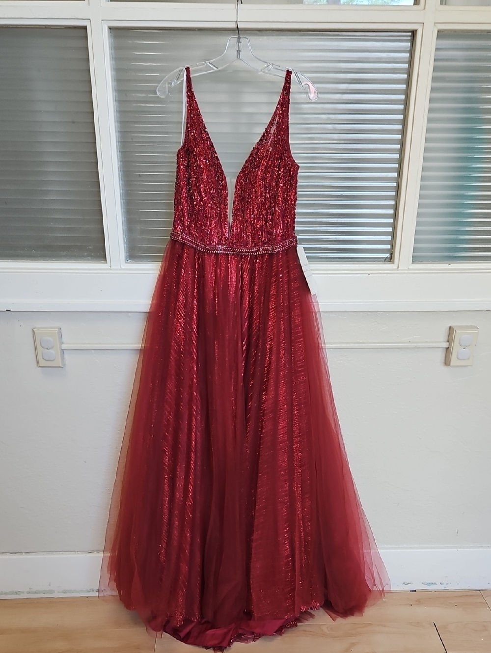 Size 12 deep red tank strap beaded A-line gown w/ tulle skirt by Ava Presley NWT